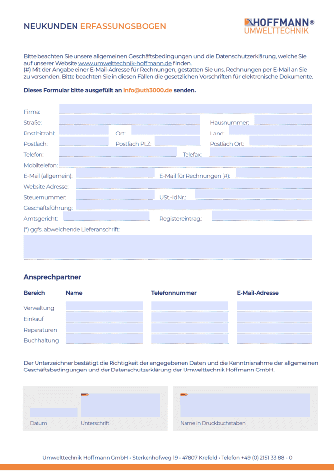 Abbildung Formular Neukunden Erfassung Umwelttechnik Hoffmann GmbH