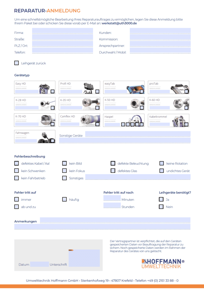 Abbildung Formular Reparatur Anmeldung Umwelttechnik Hoffmann GmbH