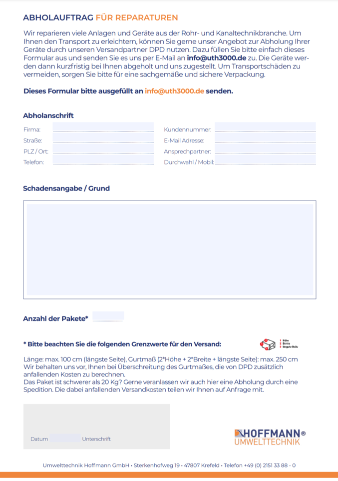 Abbildung Formular Abholauftrag Umwelttechnik Hoffmann GmbH